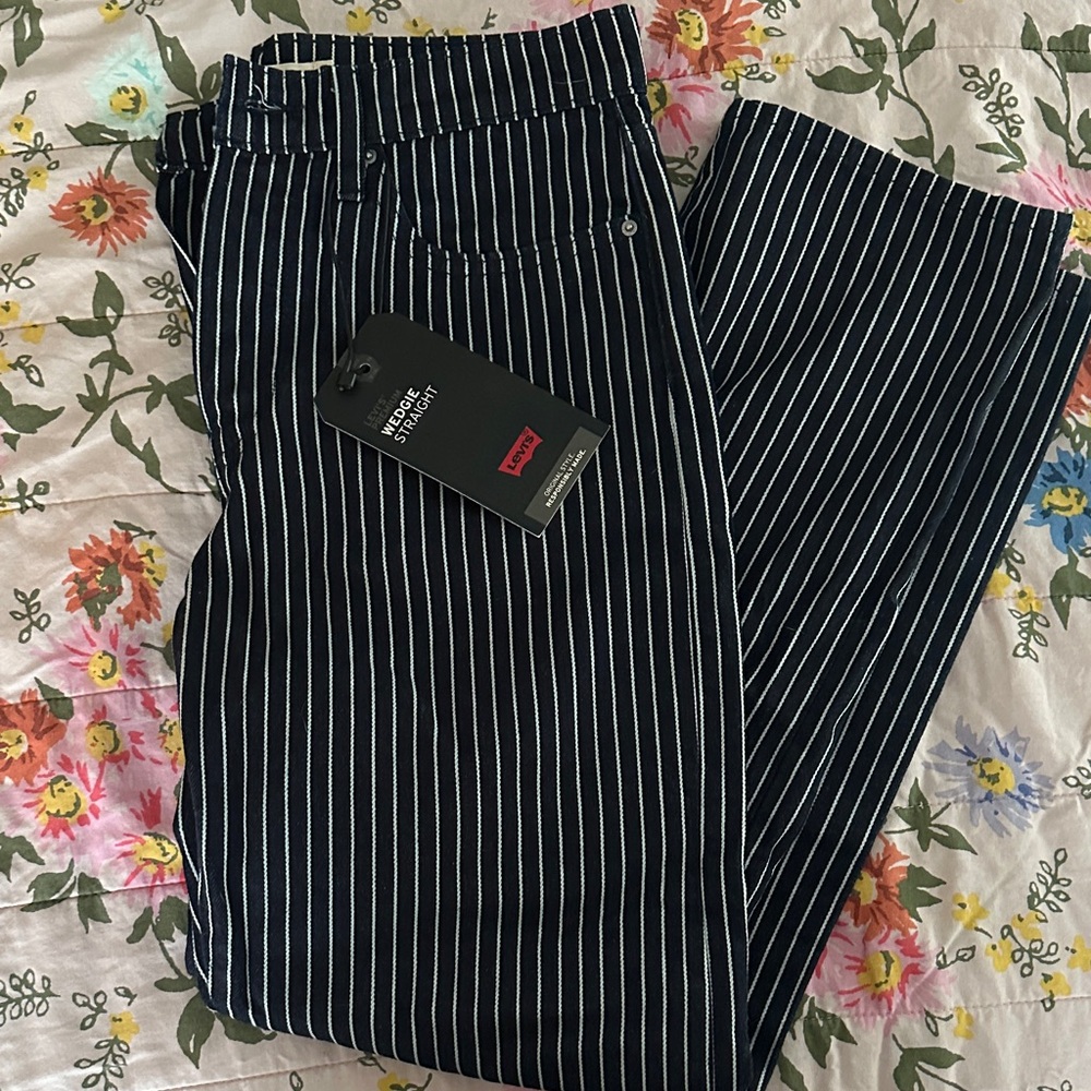 Levi's Navy and White Striped Wedgie Straight Jeans
